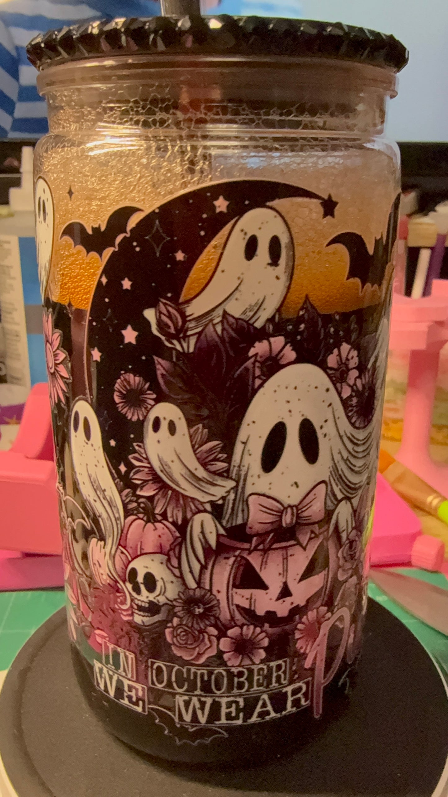 In October We Wear Pink 16 oz glass can snow globe with “soda”