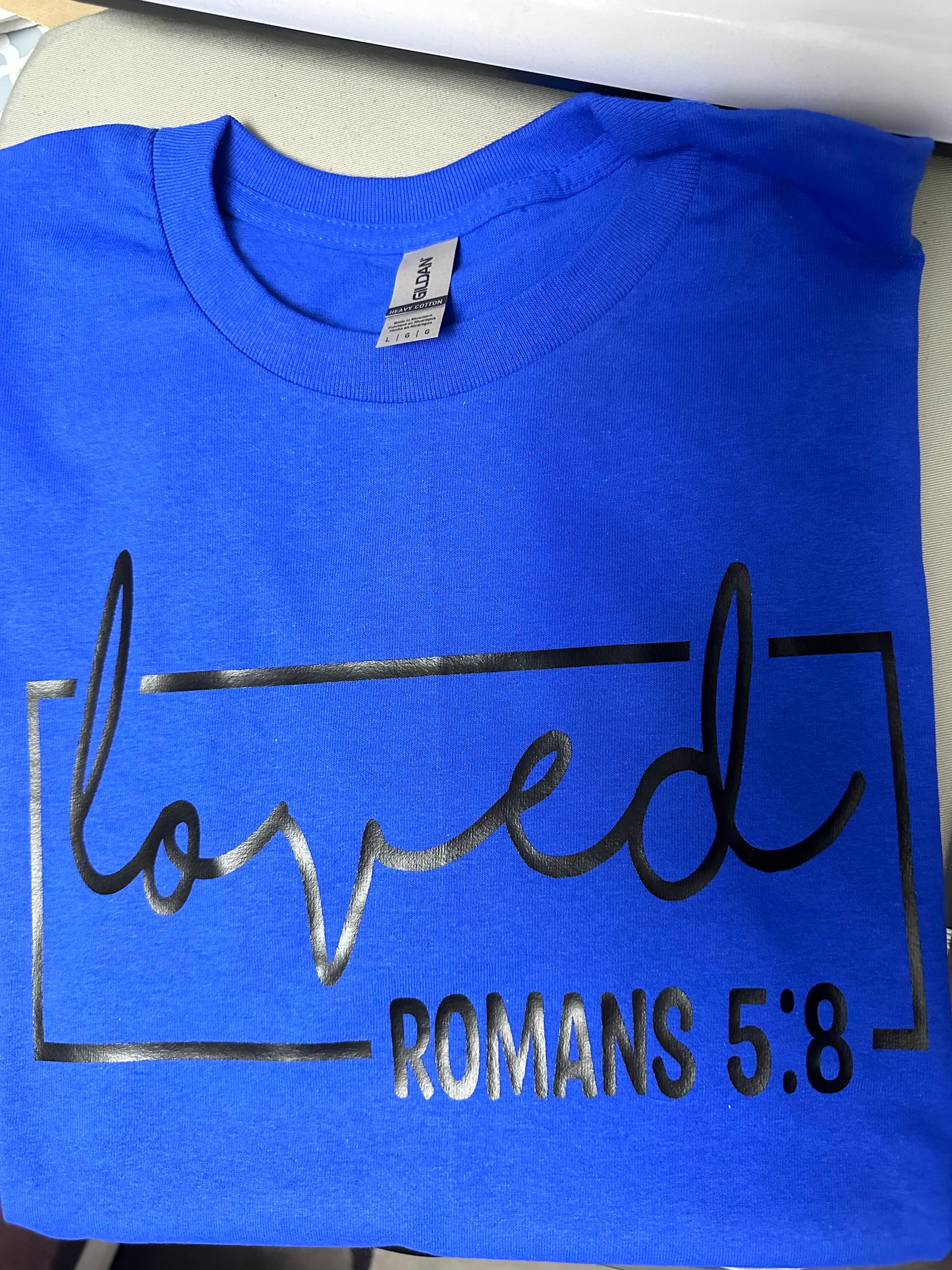 Romans 5:8 Short Sleeved Blue T-Shirt