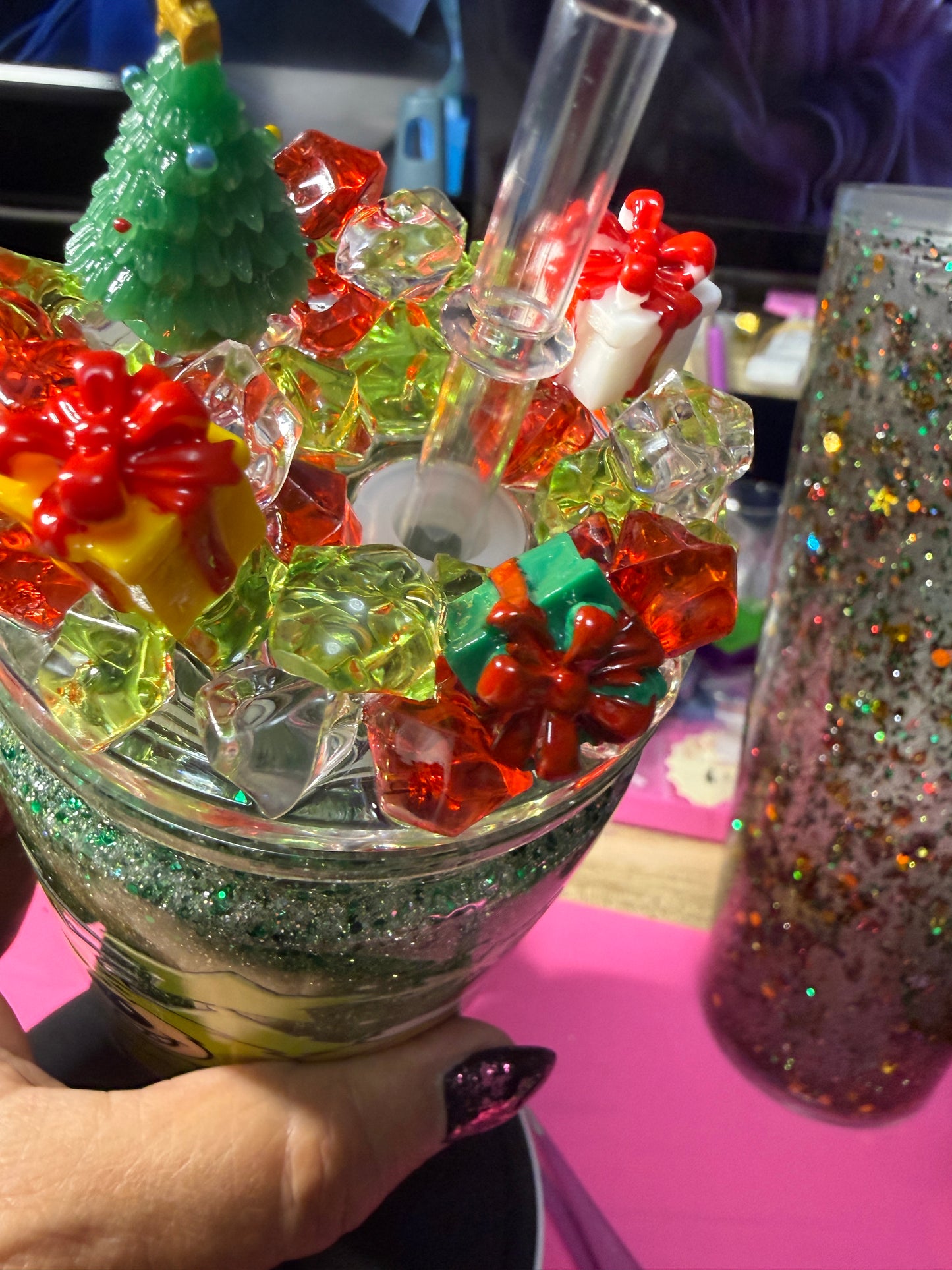 Grinchy Bubu 16 oz acrylic snow globe tumbler