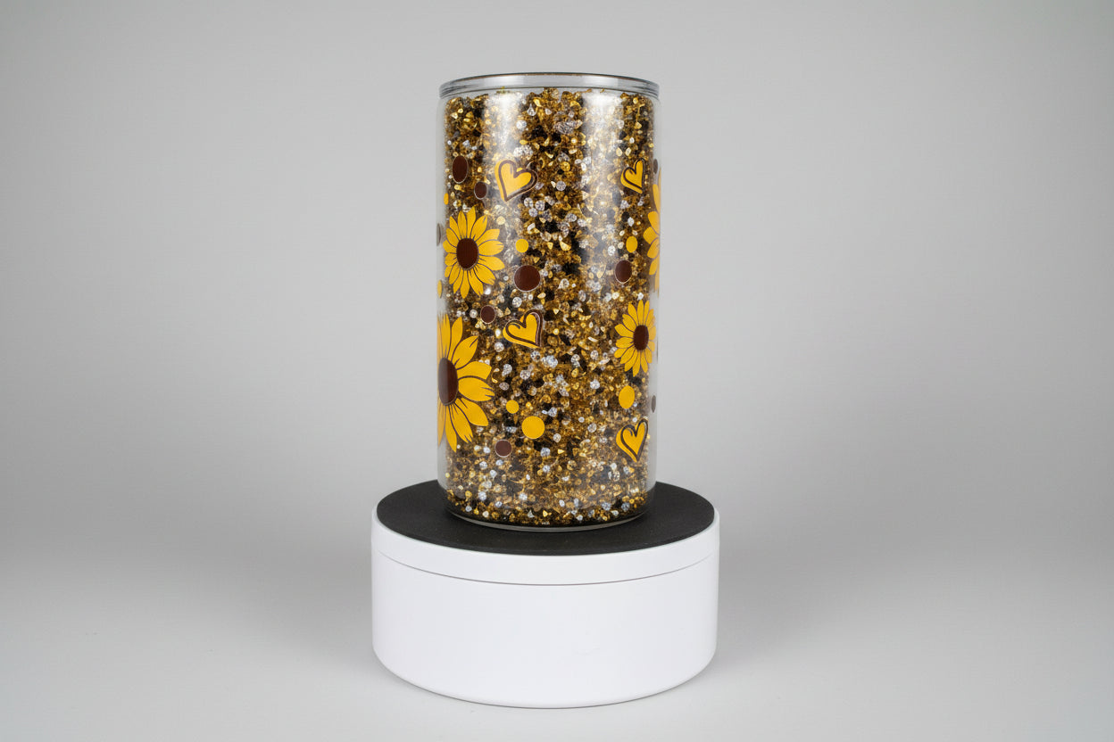 Sunflowers and Hearts 16 oz Glass Snow globe Tumbler