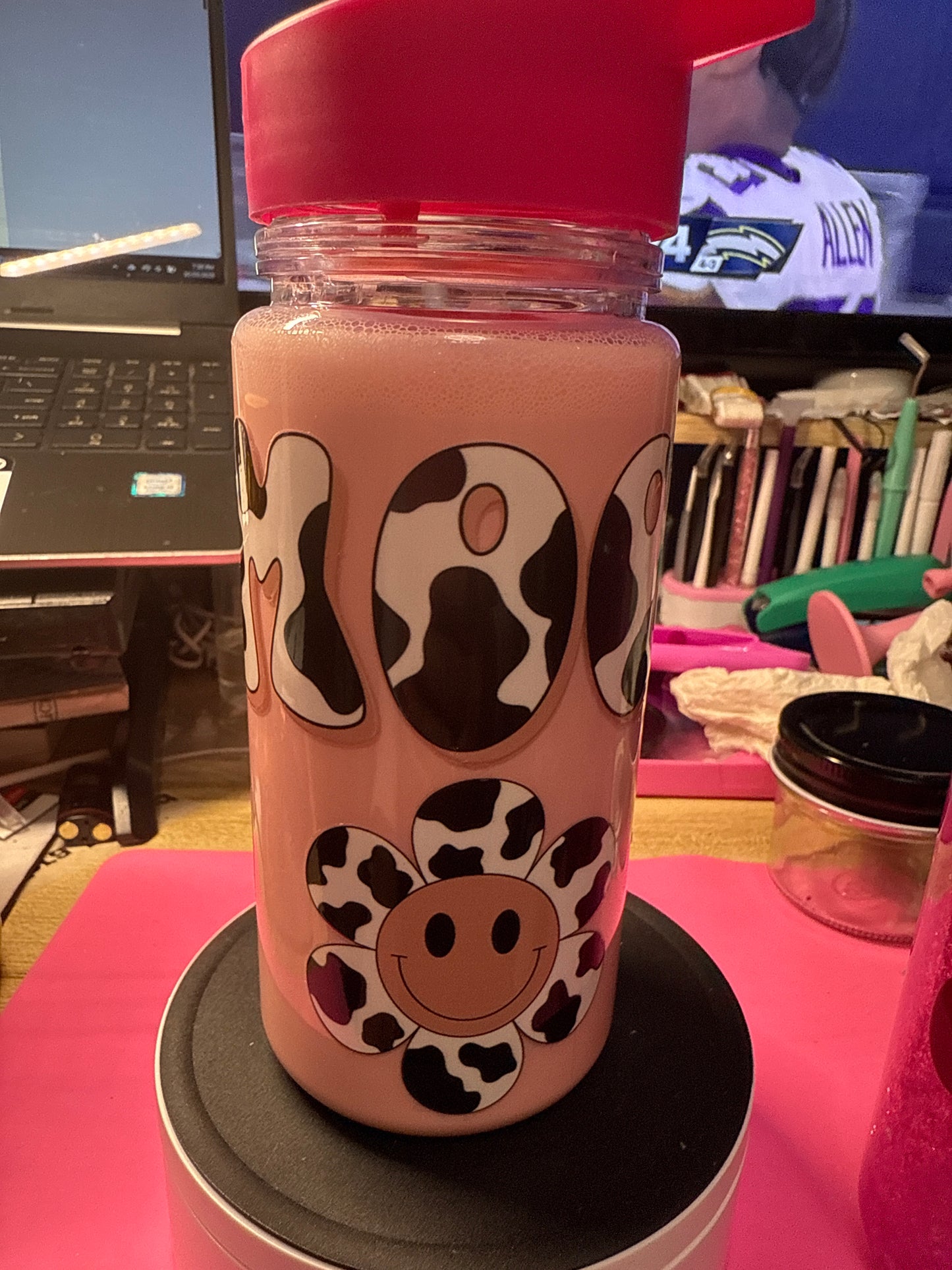 Moo! 10 oz hydro sport snow globe with “strawberry milk”