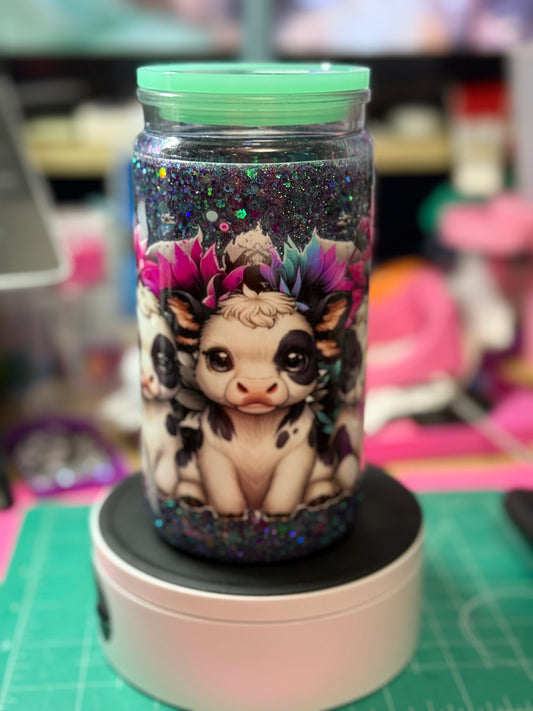 Baby Highland cows with glitter flow 16 oz glass snow globe with handle