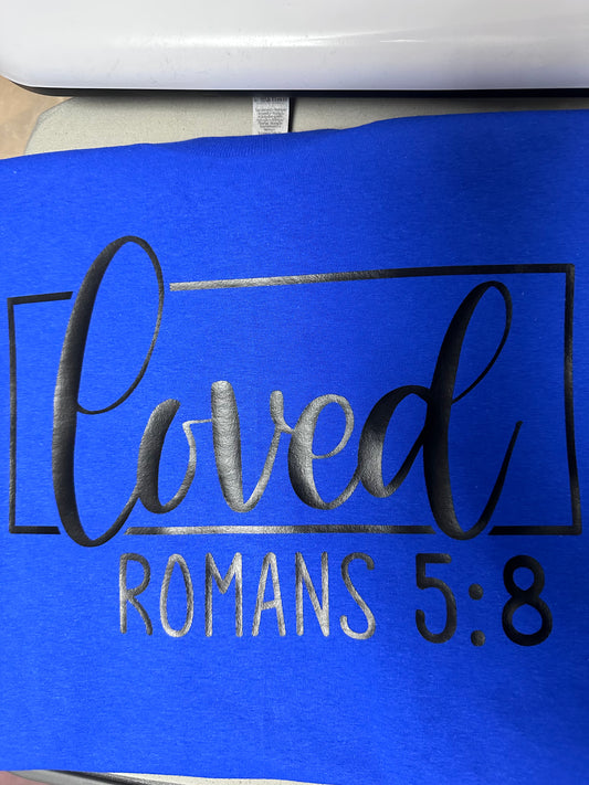 Romans 5:8 Short Sleeved Blue T-Shirt (Cursive)