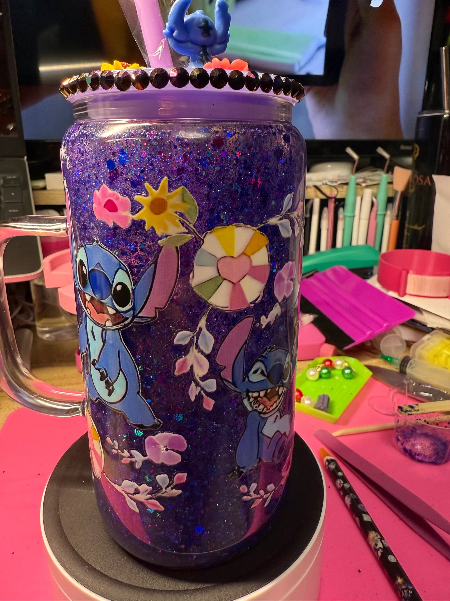 Stitch 16 oz glass can with handle