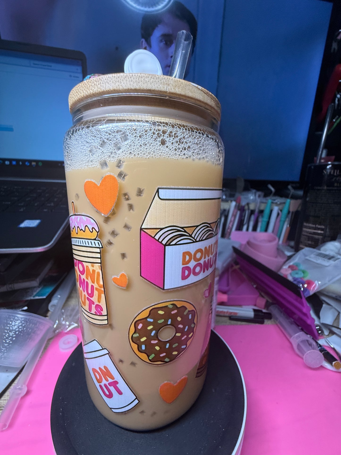 Donuts 16 oz glass snow globe tumbler