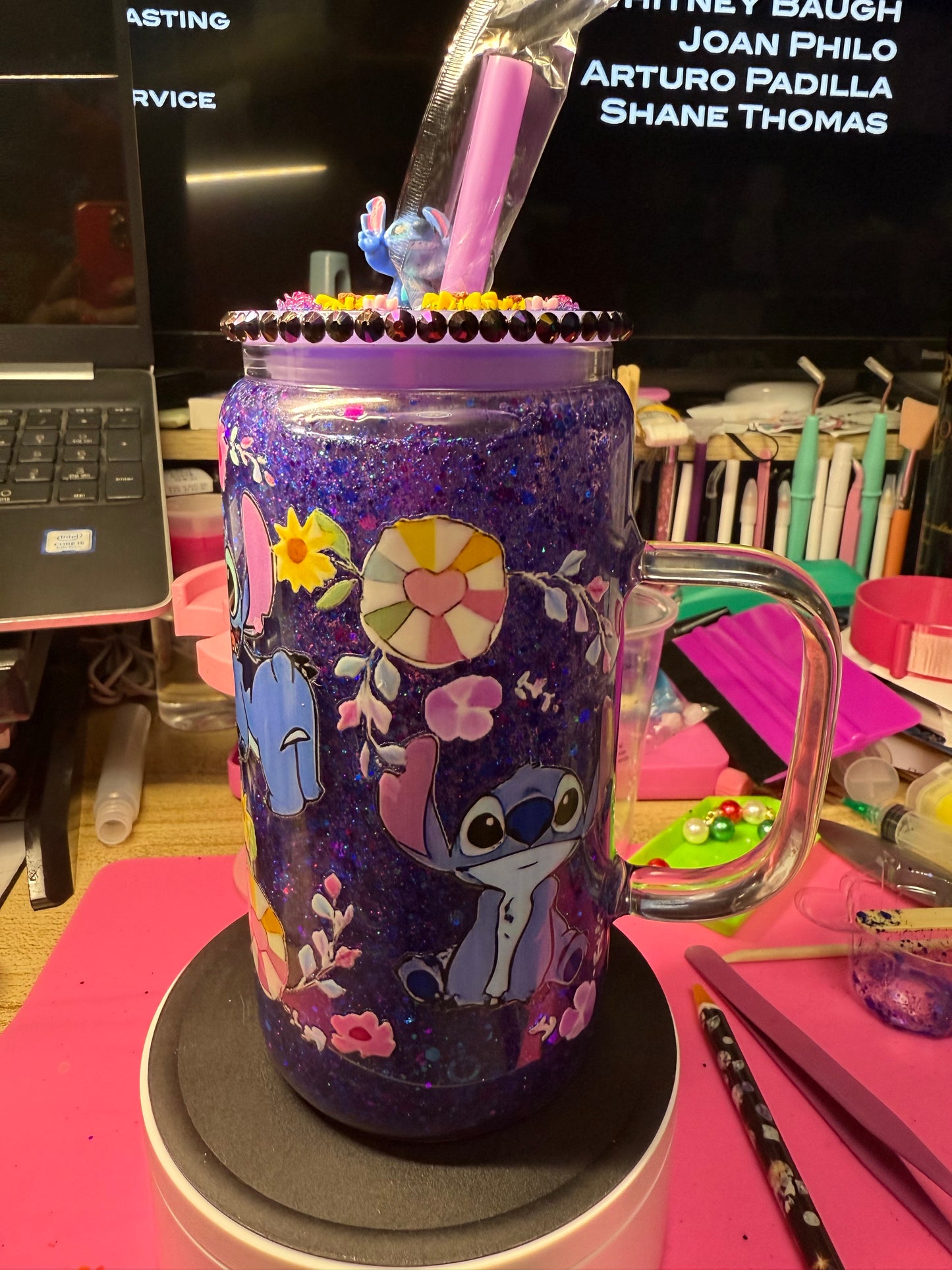 Stitch 16 oz glass can with handle