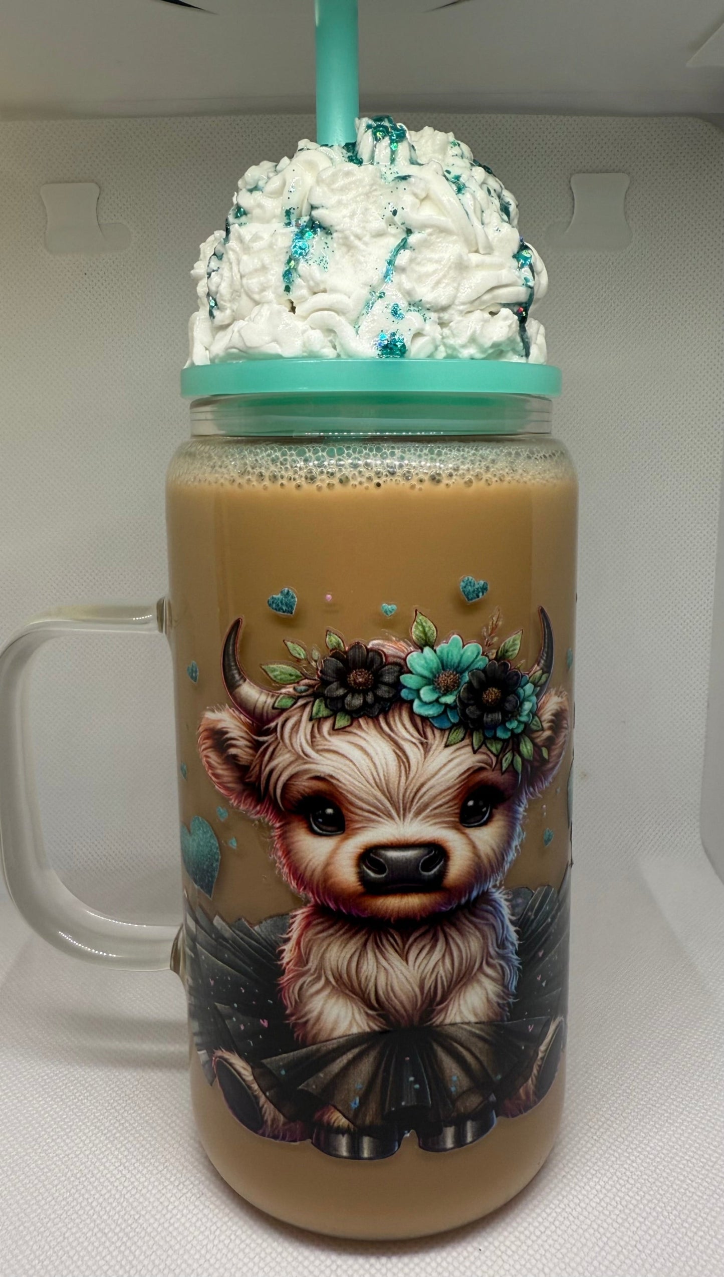 Highland Cow Coffee Addict 16 oz glass snow globe with handle and “whipped cream” lid