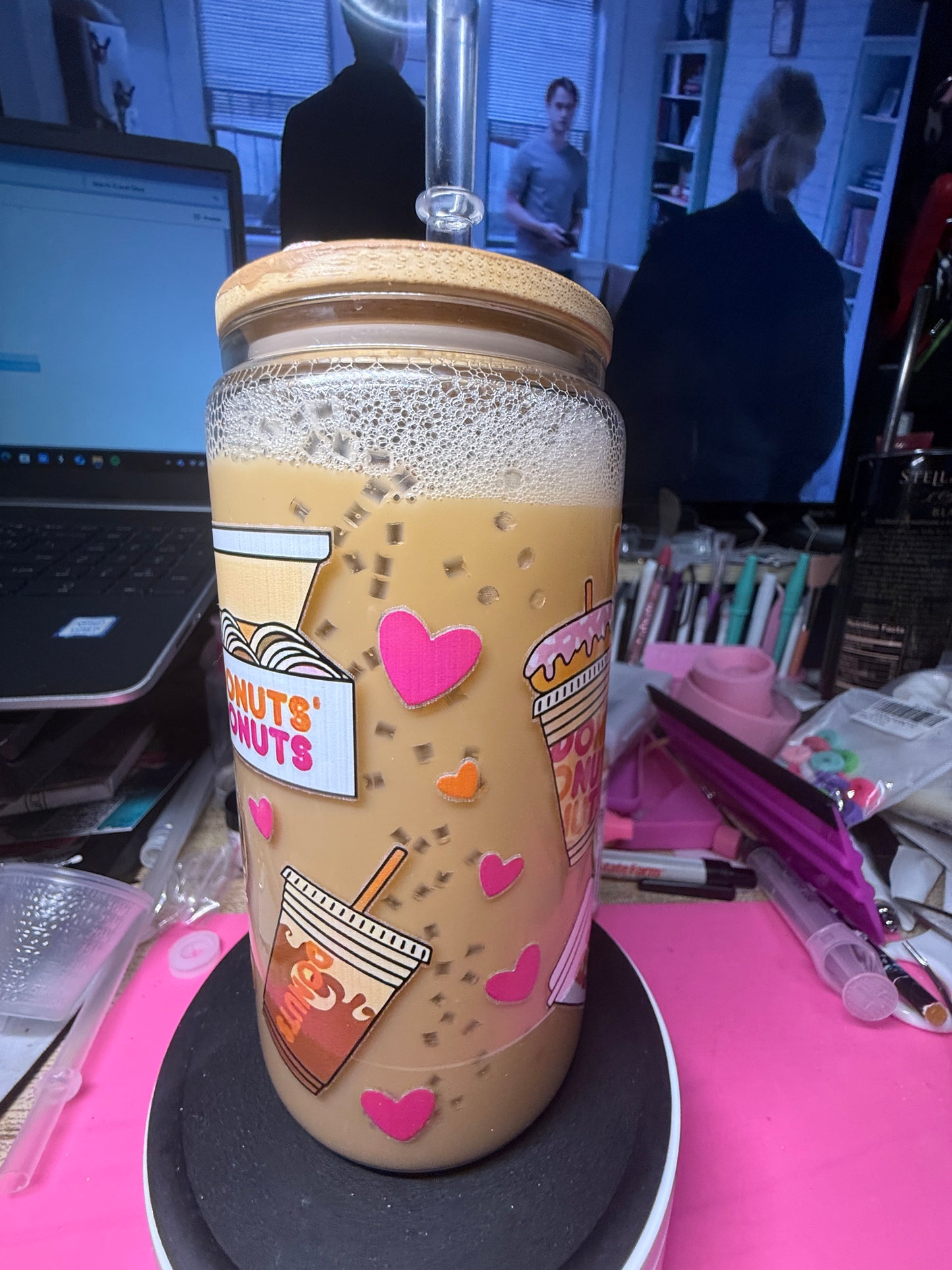Donuts 16 oz glass snow globe tumbler