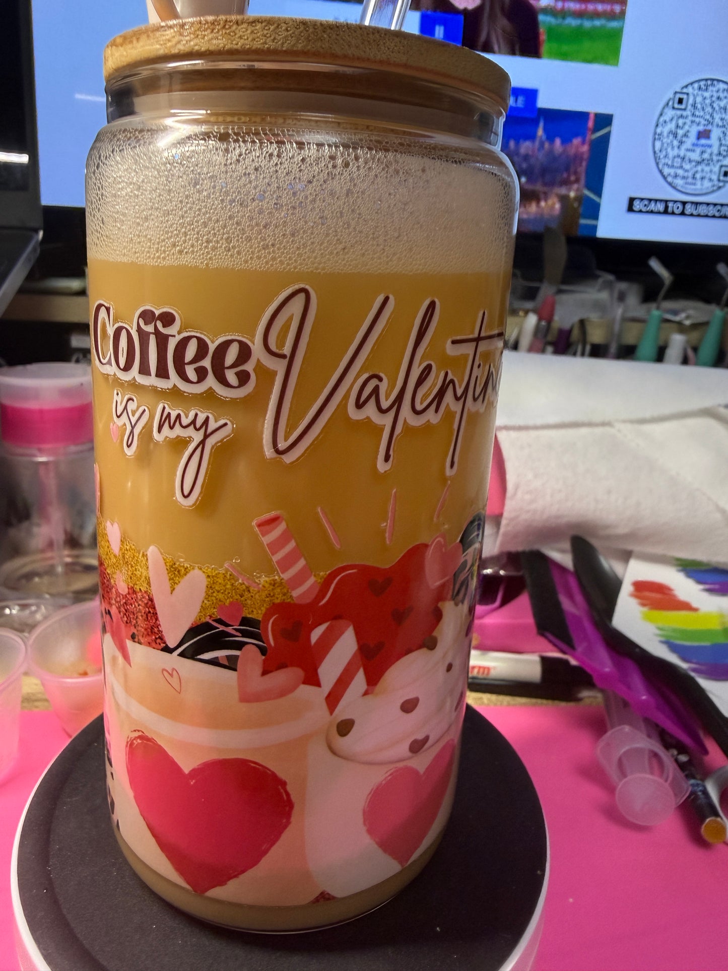 Coffee is my Valentine 16 oz glass snow globe tumbler