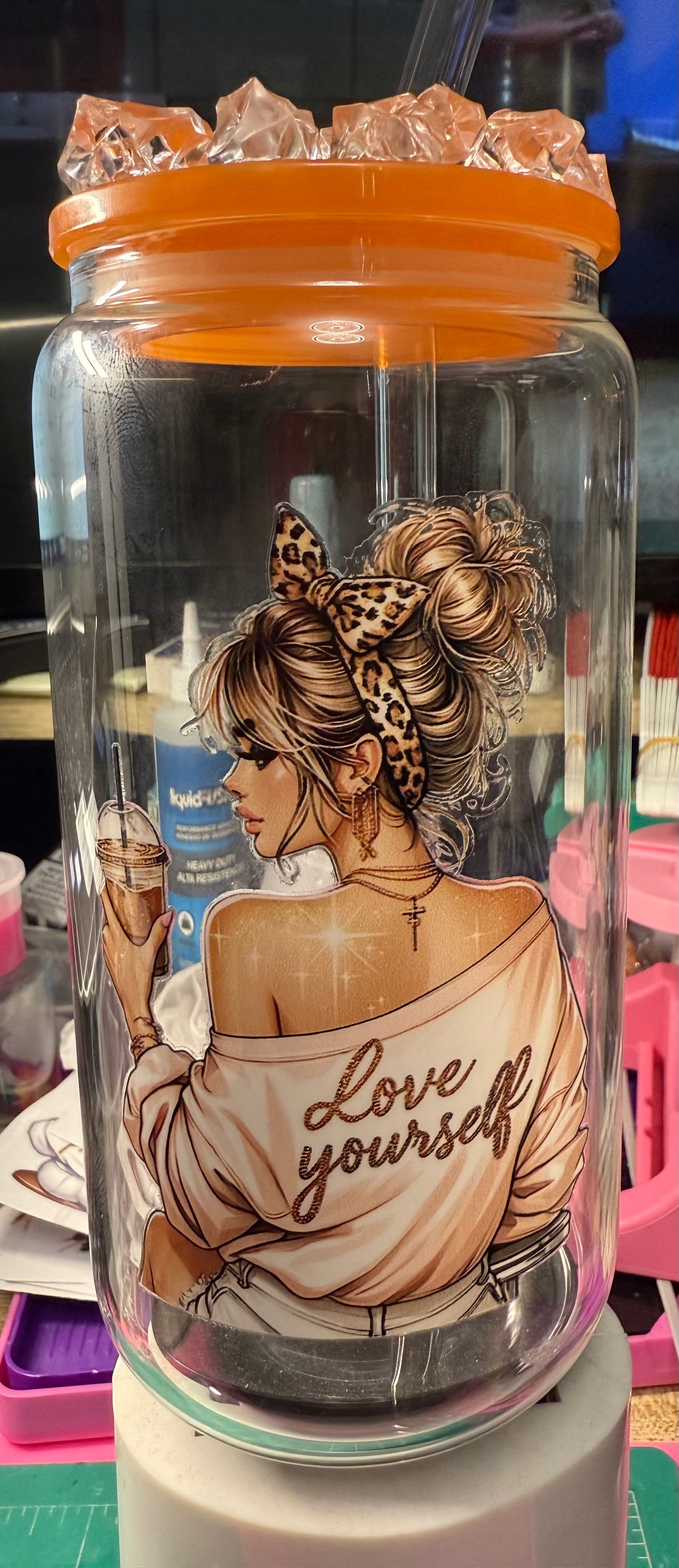 Love Yourself 16 oz glass can