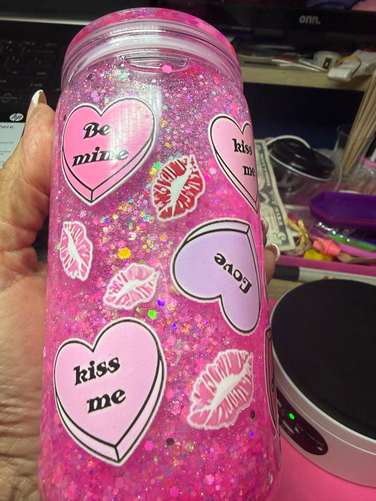 Valentine Conversation hearts 16 oz acrylic snow globe tumbler