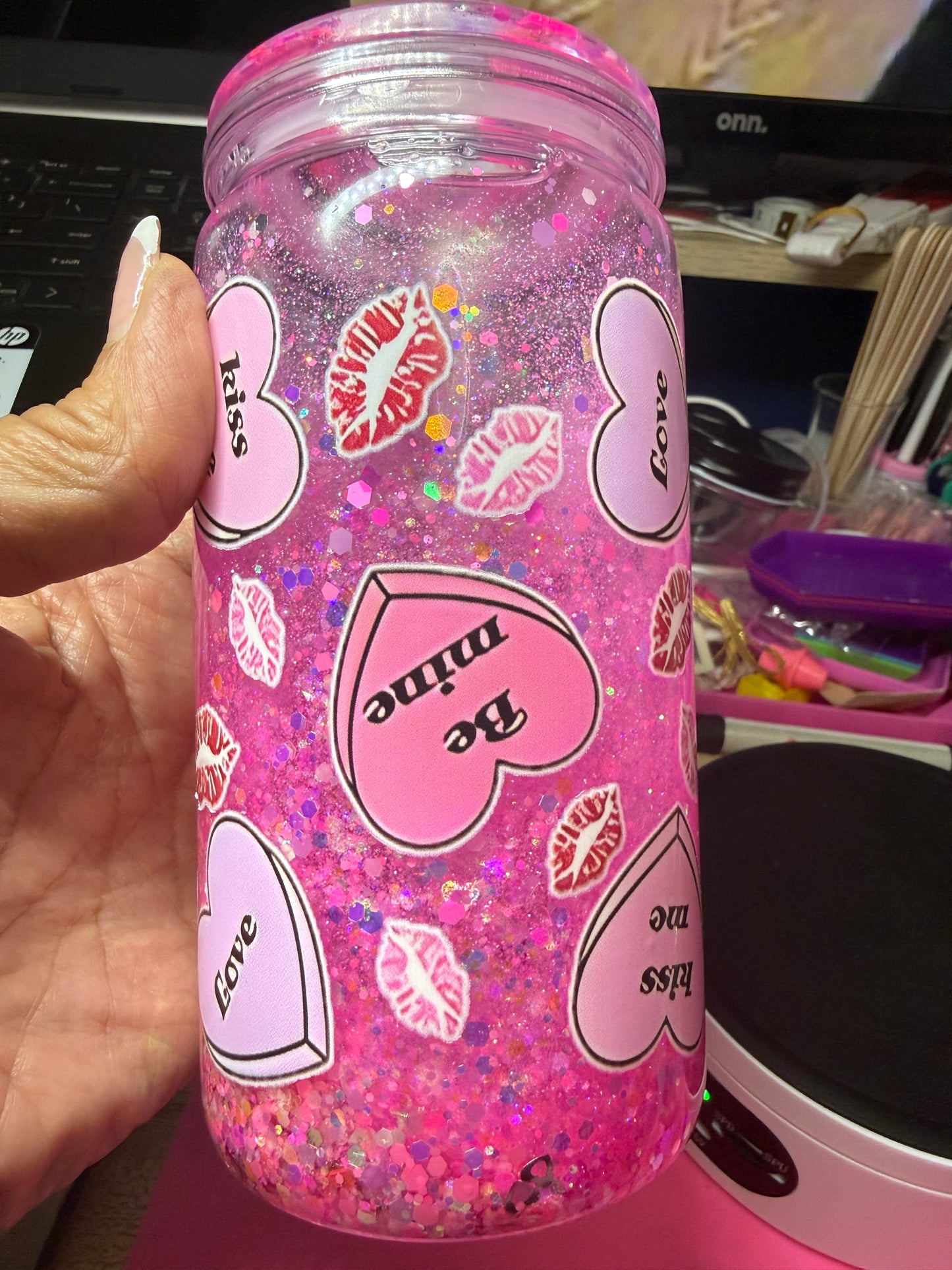 Valentine Conversation hearts 16 oz acrylic snow globe tumbler