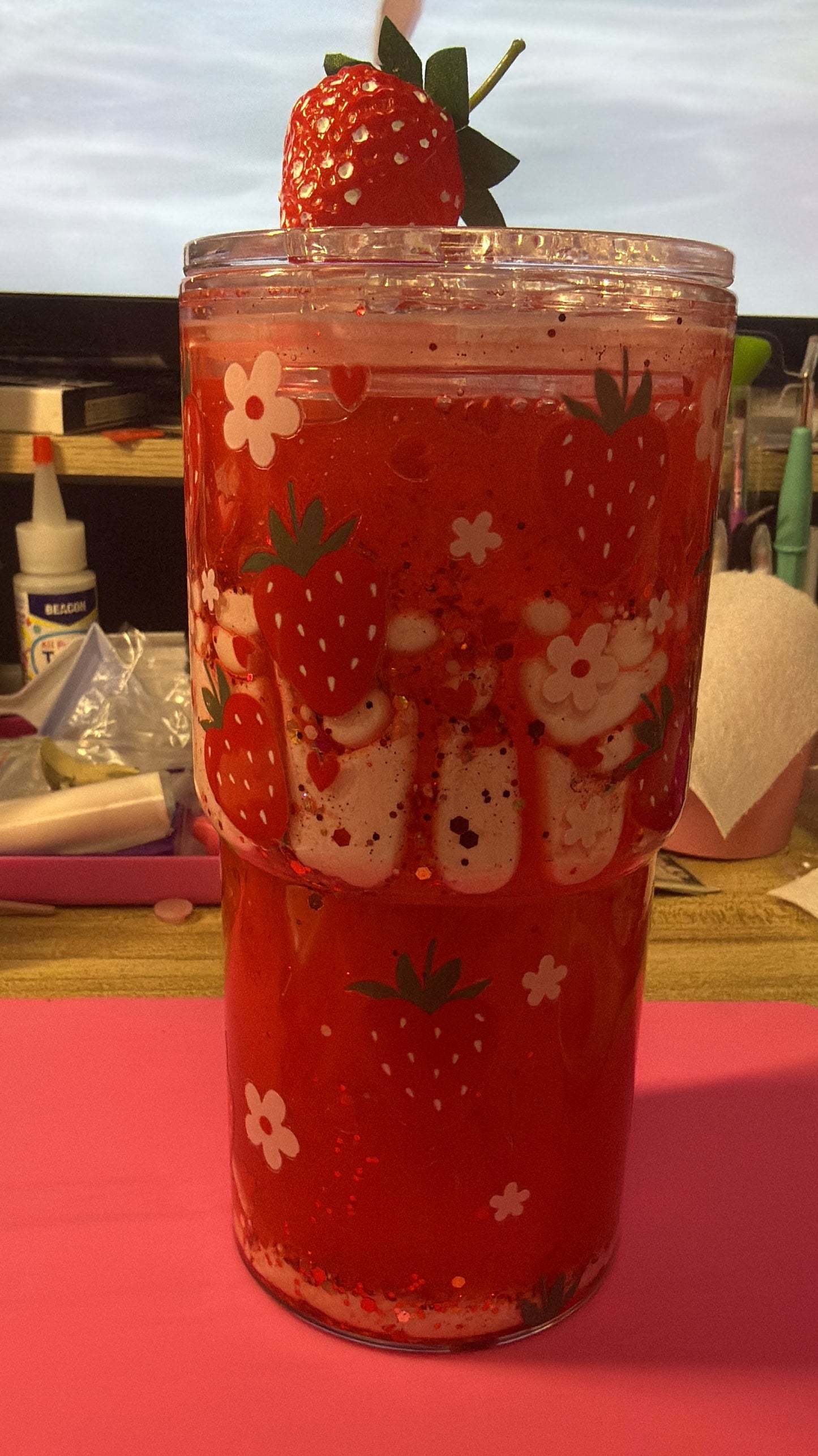 Strawberries N Cream 18 oz Acrylic Snow globe Tumbler
