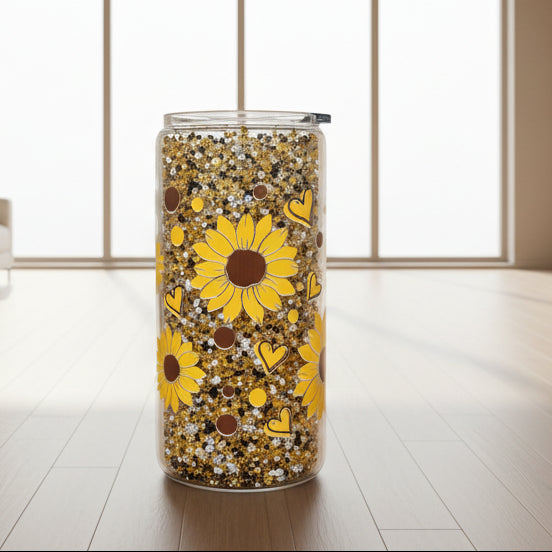Sunflowers and Hearts 16 oz Glass Snow globe Tumbler