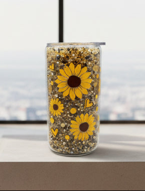 Sunflowers and Hearts 16 oz Glass Snow globe Tumbler