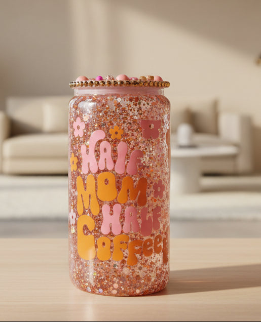 Half Mom Half Coffee 16 oz Glass Snow globe Tumbler