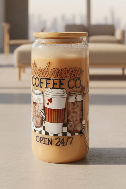 Tired Moms Coffee Co 16 oz Glass Snowglobe Tumbler