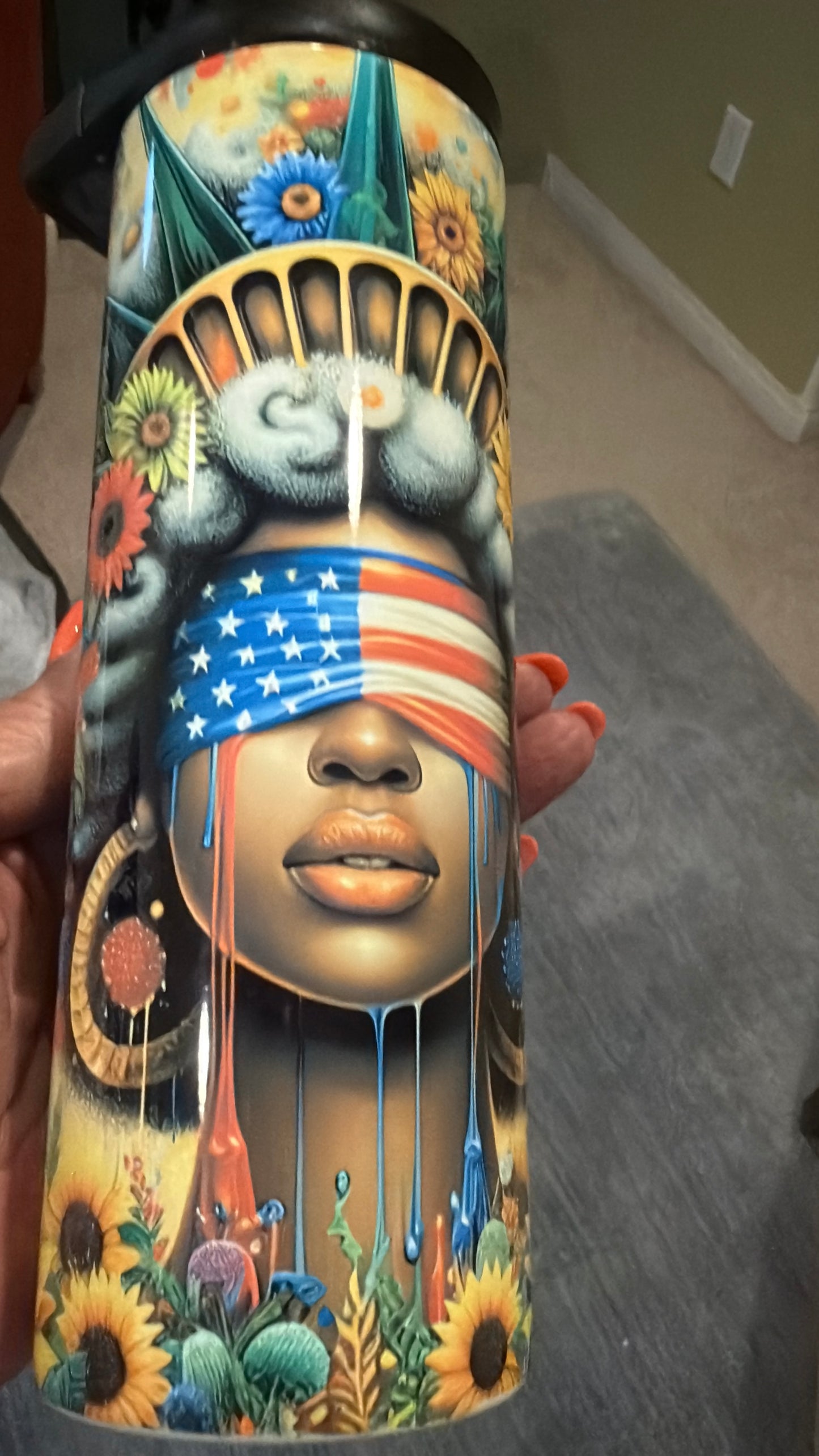 Lady Liberty with Flag Eye mask 20 oz Stainless Steel tumbler
