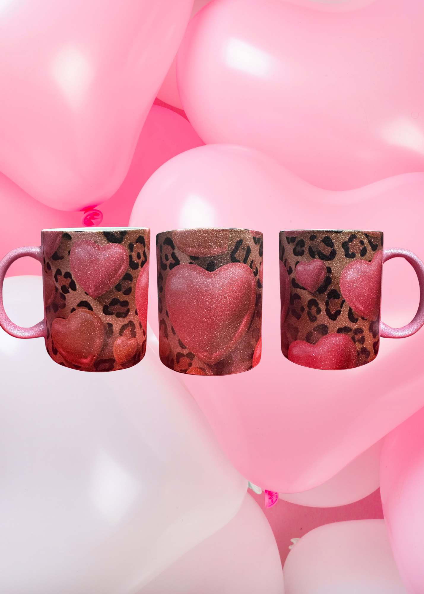 11 oz Pink/Tan 3D Hearts w/Leopard Glitter Mug